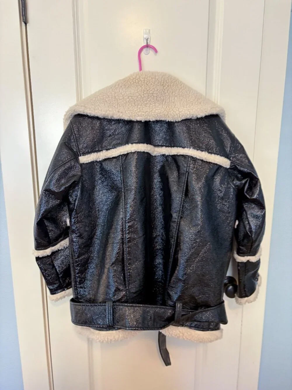Monki Oversized Faux Leather with Shearling Aviator Jacket Size Small